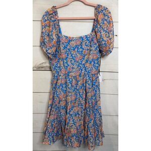 1.STATE Womens Blue Floral Paisley Tiered Mini Dress Puff Sleeve Open Back L NEW